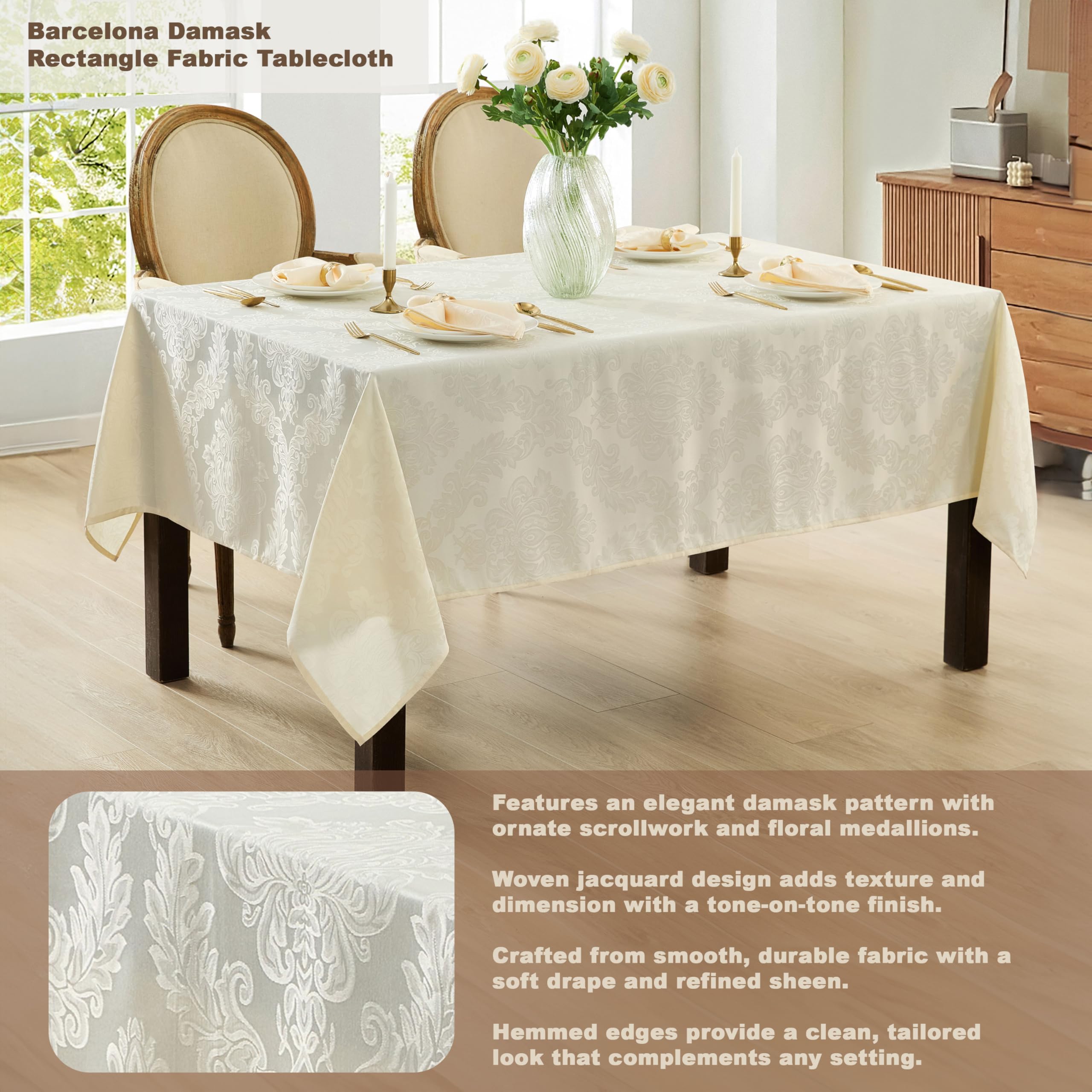 Newbridge Barcelona Luxury Damask Fabric Tablecloth, 52” Wide x 70” Rectangle, Antique White, 100% Polyester, No Iron, Soil Resistant Dining Room, Party and Banquet Table Cover
