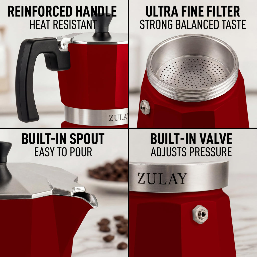 Zulay Moka Pot Espresso Stovetop Coffee Maker - Leak-Proof, Stainless Steel, Easy to Clean, Heat Resistant Handle & Knob - for Authentic Cuban & Italian Style Espresso - Makes 3 Espresso Cups - Red