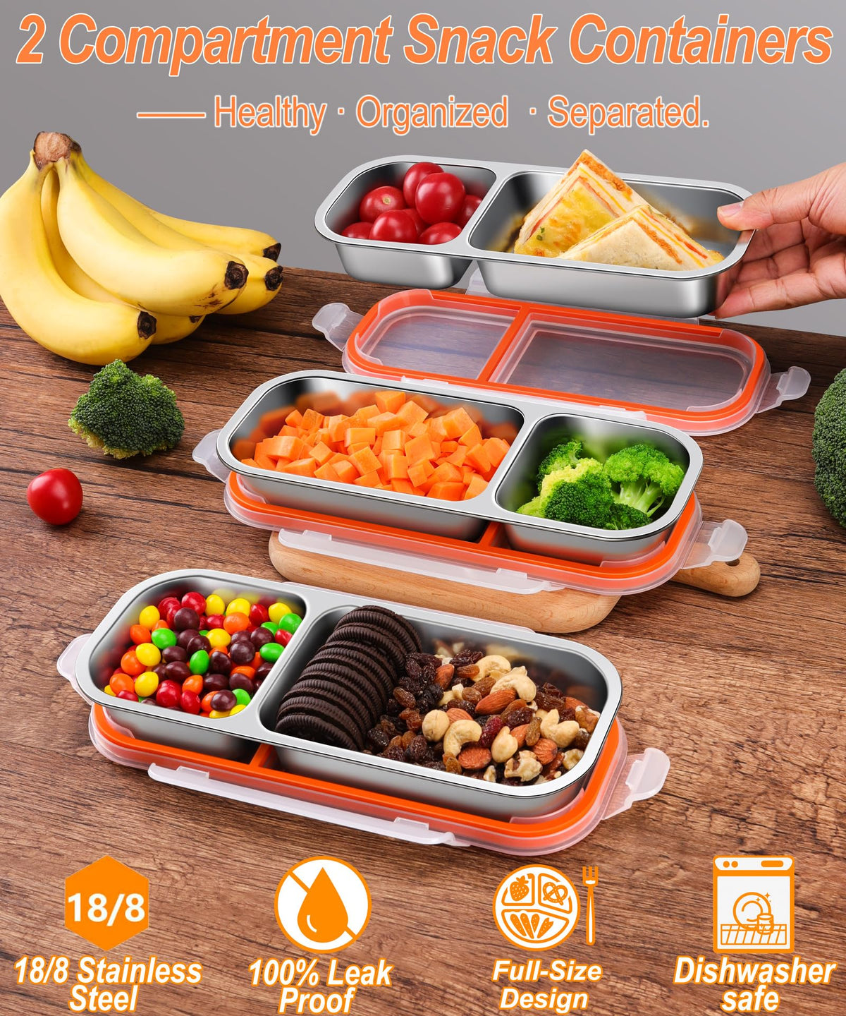3-Pack Stainless Steel Snack & Lunch Containers for Kids & Adults, 23 oz