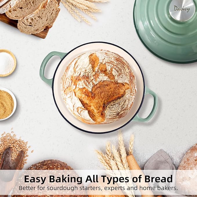 Davivy 5.5QT Sourdough Dutch Oven with Domed Lid, 10" Round Bread Dutch Oven, Enameled Cast Iron Bread Oven, Bread Oven for Sourdough Bread - Sea Salt Green