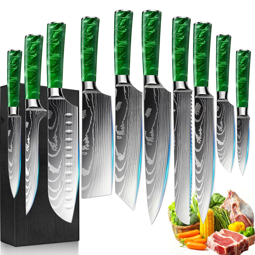 FIVE COWS 10-Piece Premium Japanese Kitchen Knife Set - Star Collection, Laser Damascus Pattern, 440A Stainless Steel Ultra Sharp for Fast Cutting (Red)