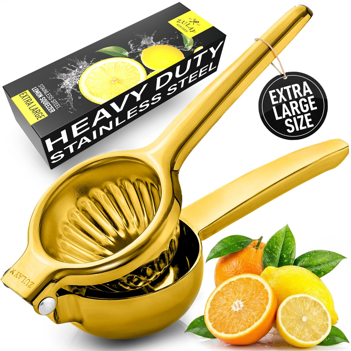 Zulay Kitchen Extra Large Lemon Squeezer Stainless Steel - Easy Squeeze Heavy Duty Lemon Juicer Hand Press - Ergonomic Citrus Squeezer & Fruit Juicer for Small Oranges, Lemons, & Limes - Silver