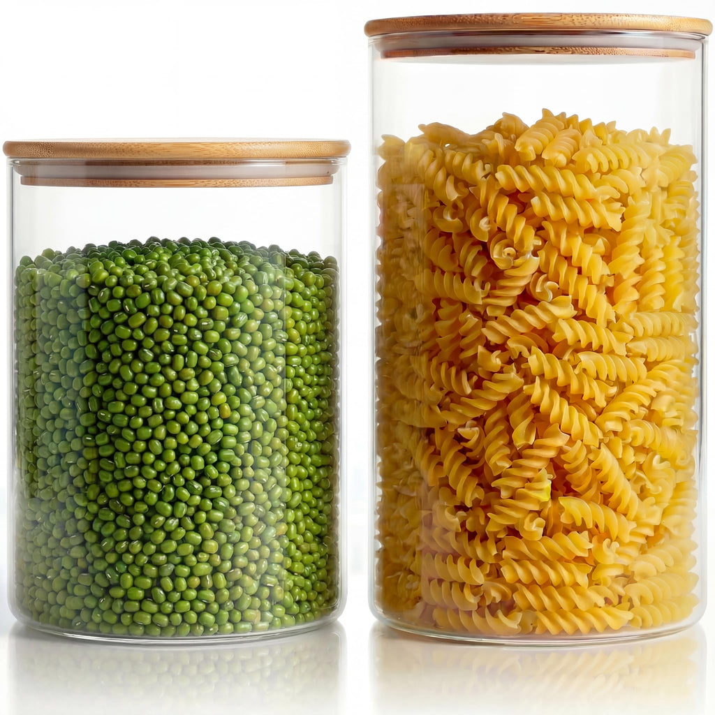 32 oz & 21 oz Round Glass Food Storage Containers with Bamboo Lids, 4 Pack