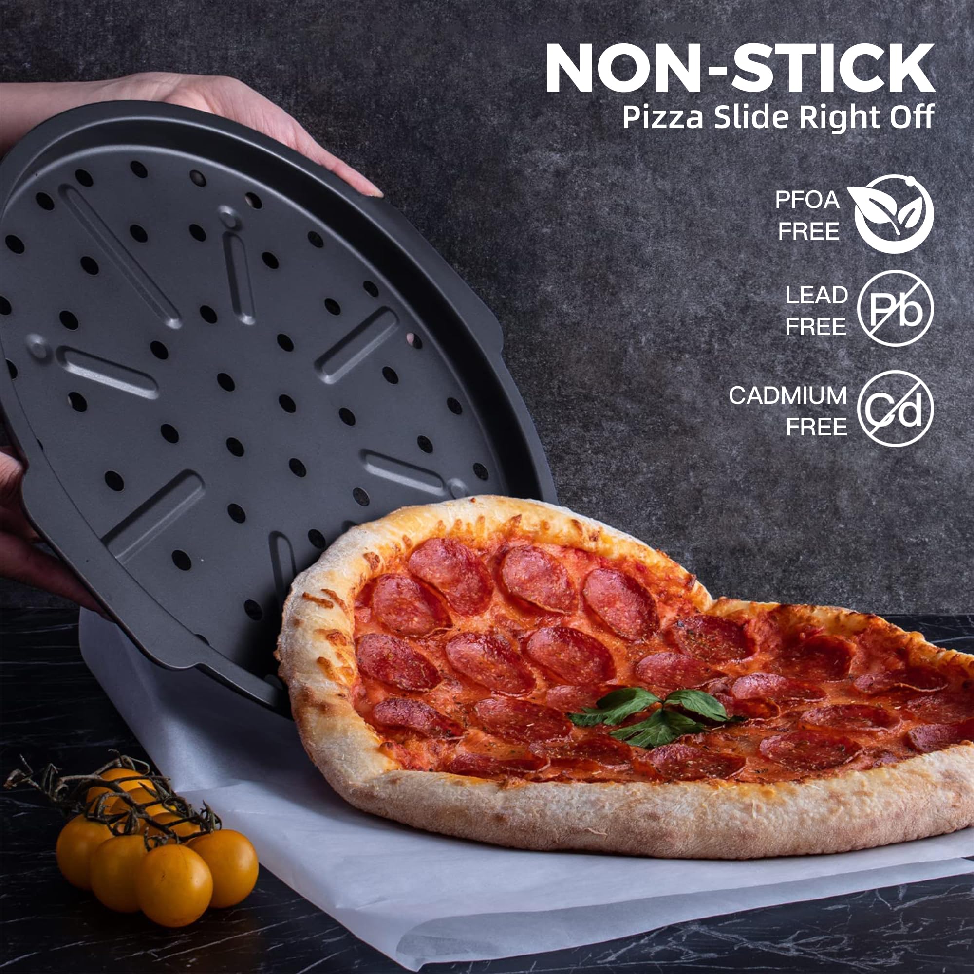 HONGBAKE 2 Pack Pizza Pan with Holes 12 Inch, Nonstick Pizza Tray for Oven with Widen Handles, Hot Air Pizza Crisper Tin, Round Baking Sheet for Frozen & Homemade Pizza, Grey