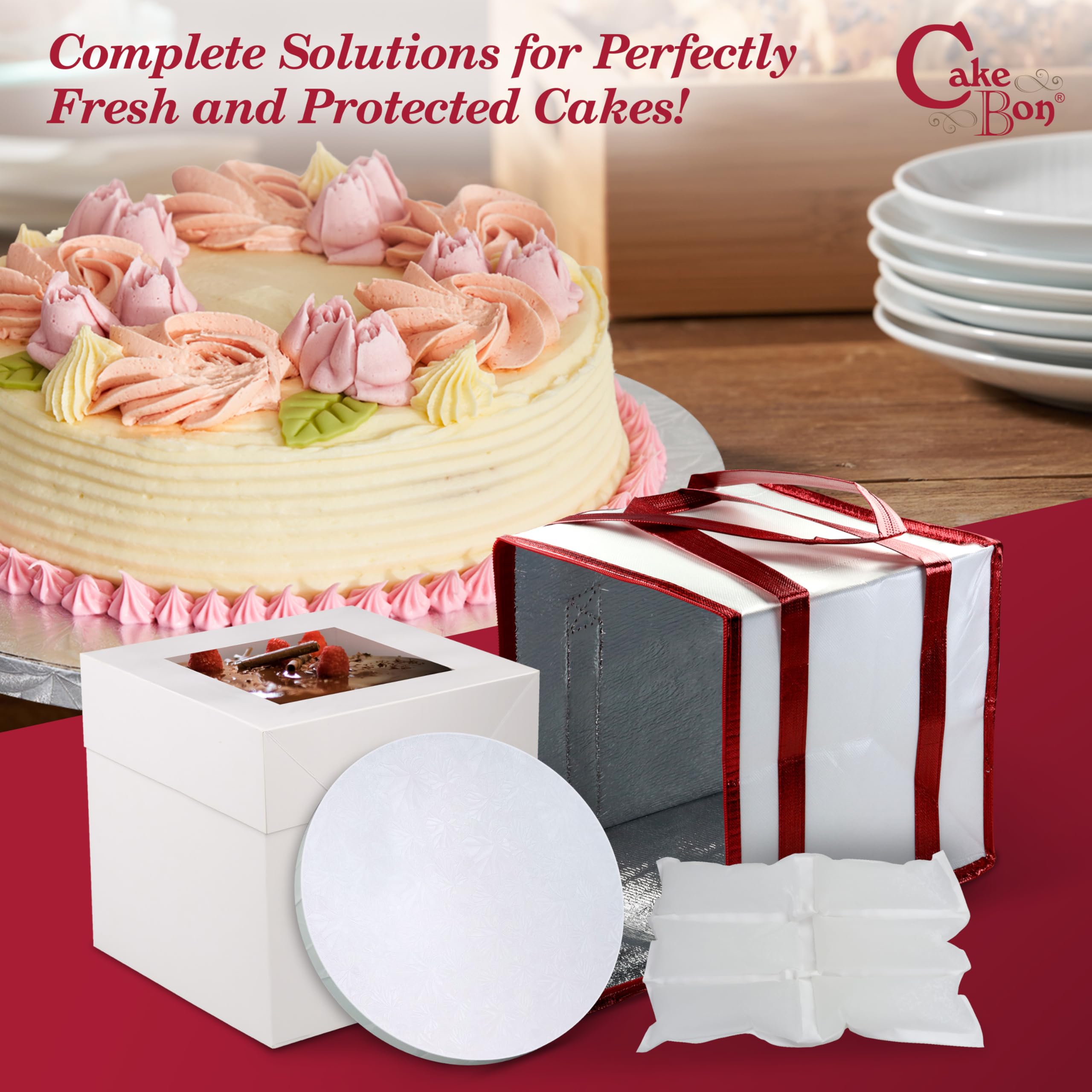 Cakebon 10" Cake Box Drum Insulated Bag White Round Wrapped 1Pack