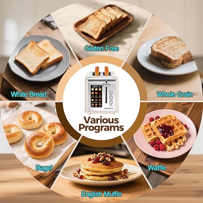 2 Slice Touch Screen Toaster, Stainless Steel Toaster with Wide Slots for Bagels and Bread, Reheat/Defrost/Cancel Functions, Removable Crumb Tray, Cream Color