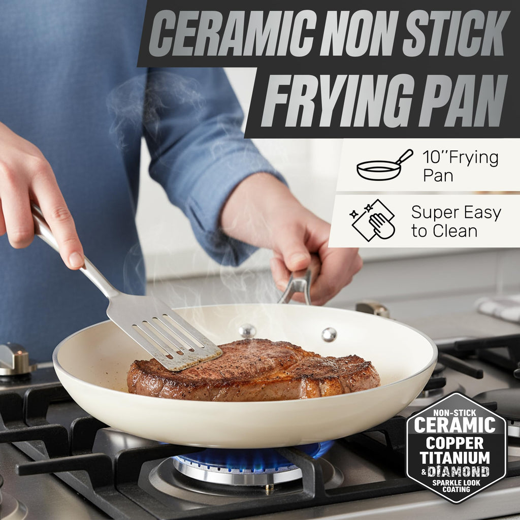 GOTHAM STEEL 10 Inch Ceramic Frying Pan Nonstick Skillet, Diamond Reinforced, PFAS & PFOA Free Non Toxic Aluminum Frying Pan, Oven Safe to 500°F, Induction Compatible, Dishwasher Safe, Cream White