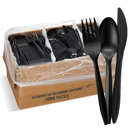 1,000 Plastic Disposable Cutlery Bulk Variety Pack Black Medium Weight