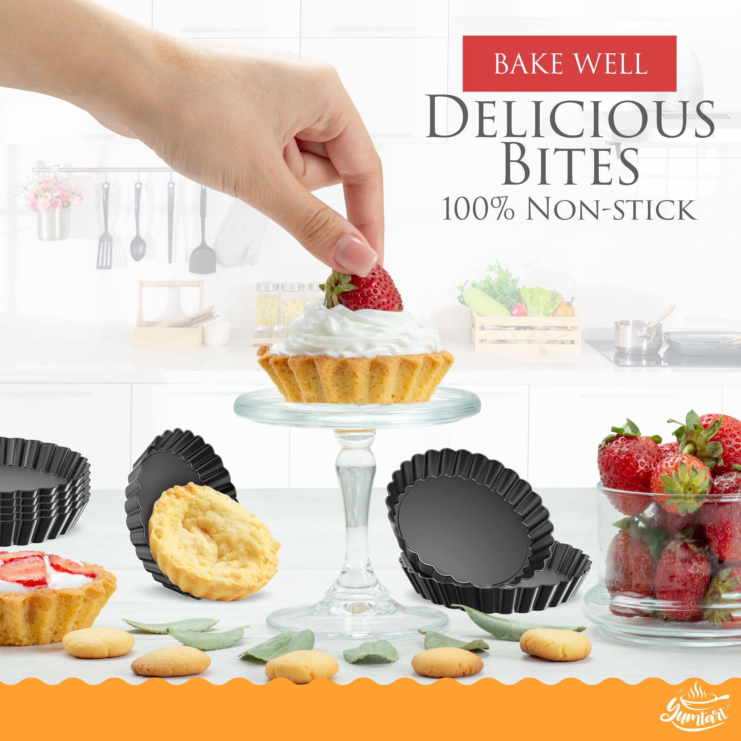 YUMTART 4 Inch Round Tart Pan 8 Pieces, False Bottom Pie Pan, Deep Fluted Tart and Quiche Pan with Removable Bottom - Non-Stick Tart Pan