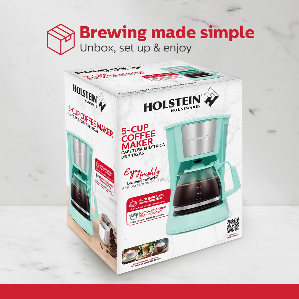 Holstein Housewares 5 Cup Drip Coffee Maker – Compact and User-Friendly with Auto Pause & Serve, Reusable Filter, Measuring Spoon & Glass Carafe, Office & Dorm Use, Mint