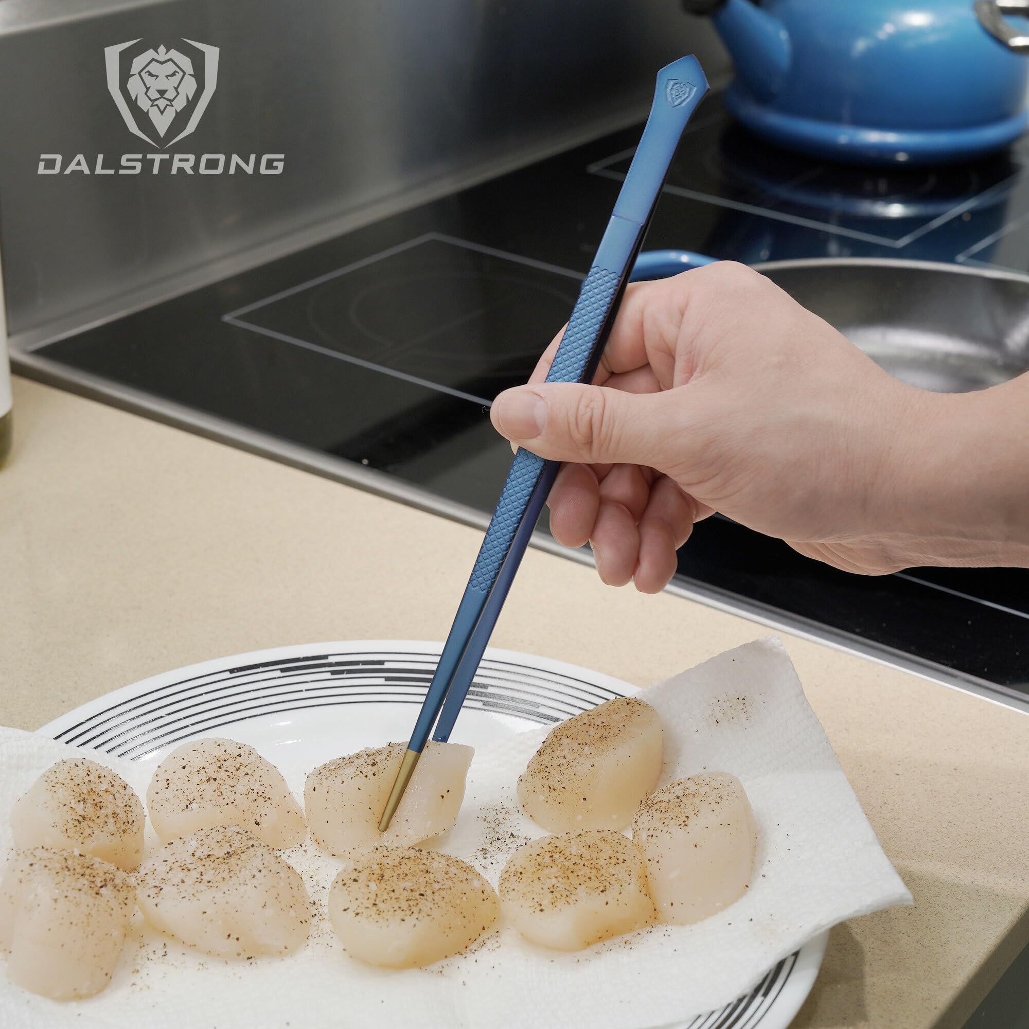DALSTRONG Chef Tweezers Professional Kitchen Tongs-10" high-precision Tweezer Tongs for Cooking - Stainless Steel Blue w/vTitanium Coating-BBQ, Plating, Multi-use