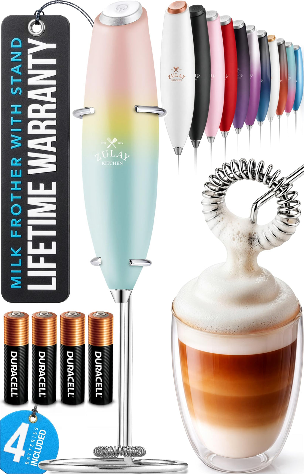 Zulay Kitchen Powerful Milk Frother Wand With Duracell Batteries - Ultra Fast Handheld Drink Mixer - Electric Whisk Foam Maker for Coffee, Lattes, Cappuccino & Matcha - Z1 Motor - Aqua