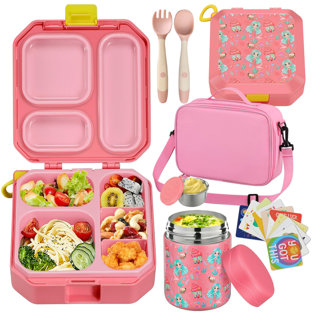 wiwens Bento Lunch Box for Kids with 12oz Soup Thermo Leak-Proof Lunch Food Container with 5 Compartment Thermo Hot Food Jar and Insulated Lunch Bag for Kid Toddler Girls Boys to School