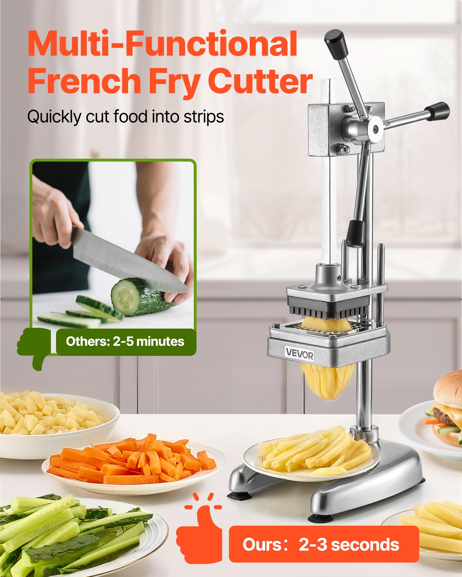 VEVOR Commercial French Fry Cutter, Stainless Steel Vegetable Fruit Chopper with 3 Replacement Blades 1/2-Inch 3/8-Inch 1/4-Inch, Manual Potato Slicer Dicer for Restaurants & Home Kitchen