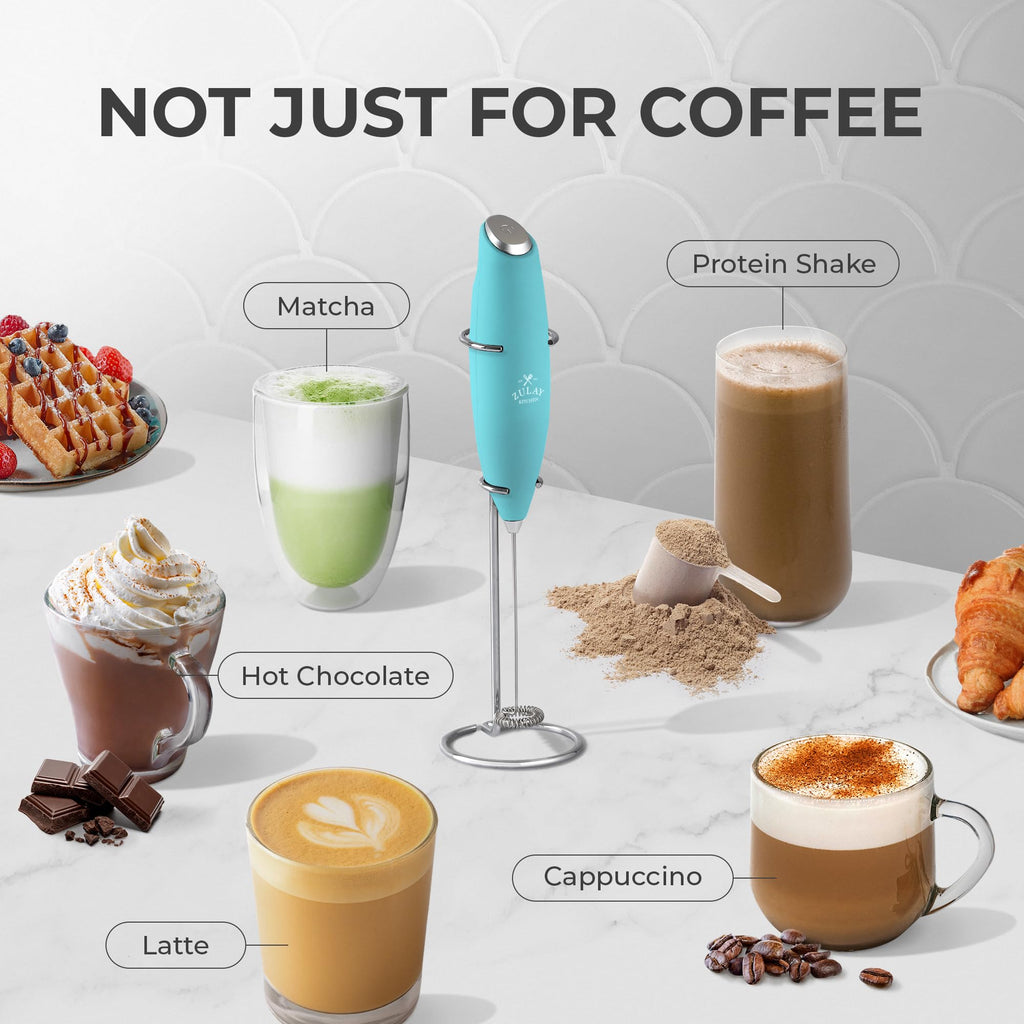Zulay Kitchen Powerful Milk Frother Wand With Duracell Batteries - Ultra Fast Handheld Drink Mixer - Electric Whisk Foam Maker for Coffee, Lattes, Cappuccino & Matcha - Z1 Motor - Aqua