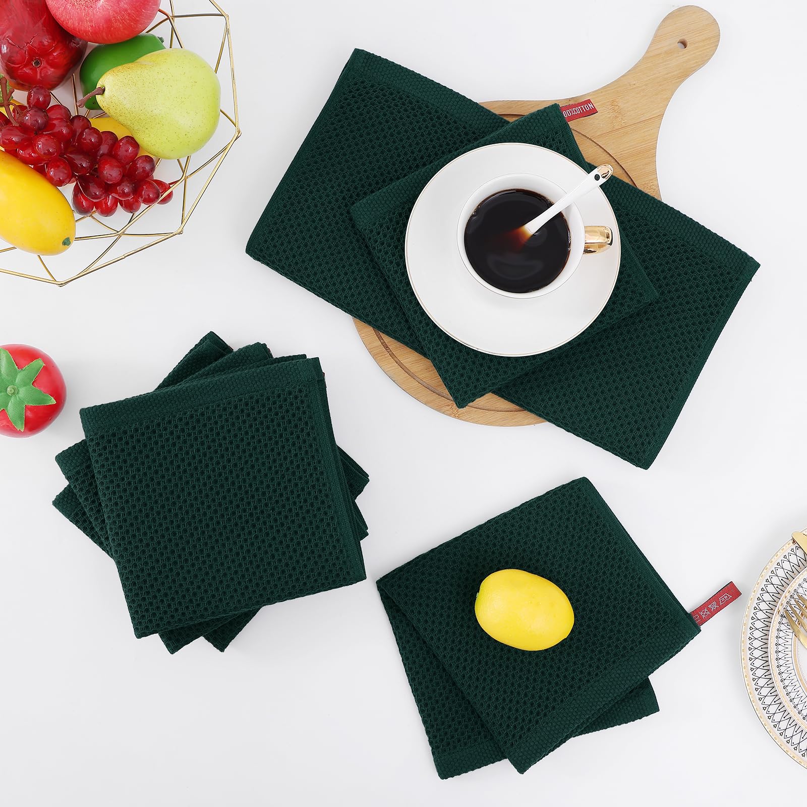 Homaxy 100% Cotton Waffle Weave Kitchen Dish Cloths, Ultra Soft Absorbent Quick Drying Dish Towels, 12 x 12 Inches, 6-Pack, Blackish Green