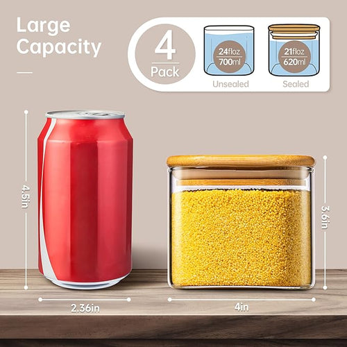 21 oz Square Glass Food Storage Containers with Airtight Bamboo Lids, 4Pack