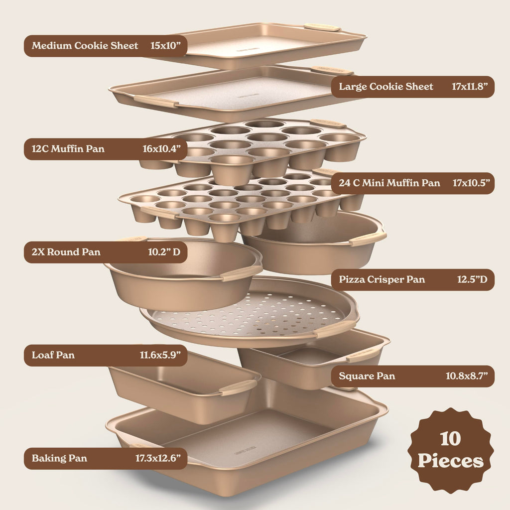 Country Kitchen Nonstick Stackable Bakeware Set - Heavy Duty, Durable, Easy Release Baking Set, Gold, 10 Pcs