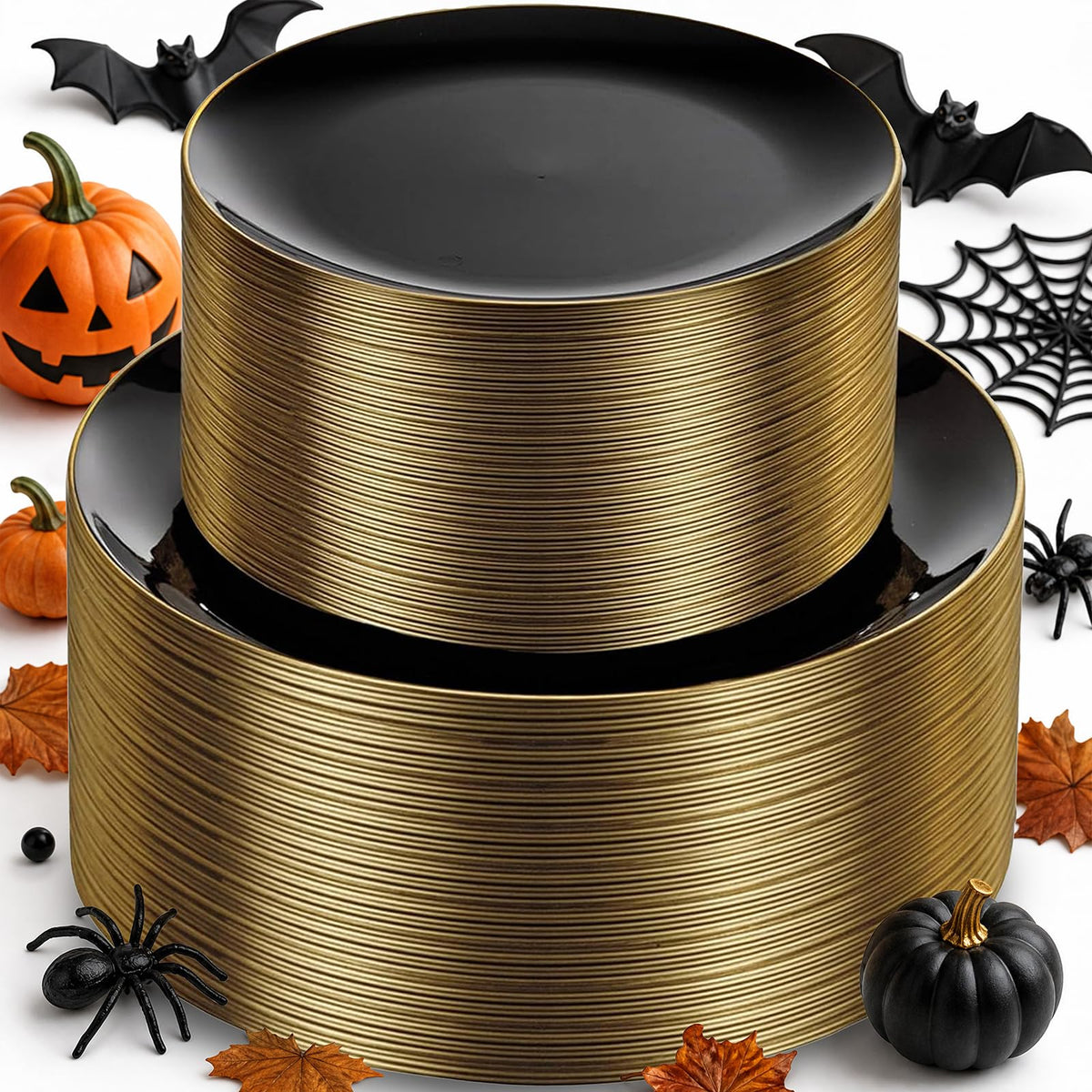 KIRE 60PCS Black Plastic Plates - Black Disposable Plates with Gold Rim - Include 30Pcs 10.25inch for Dinner and 30Pcs 7.5inch for Dessert for Wedding/Graduation/Party/Halloween