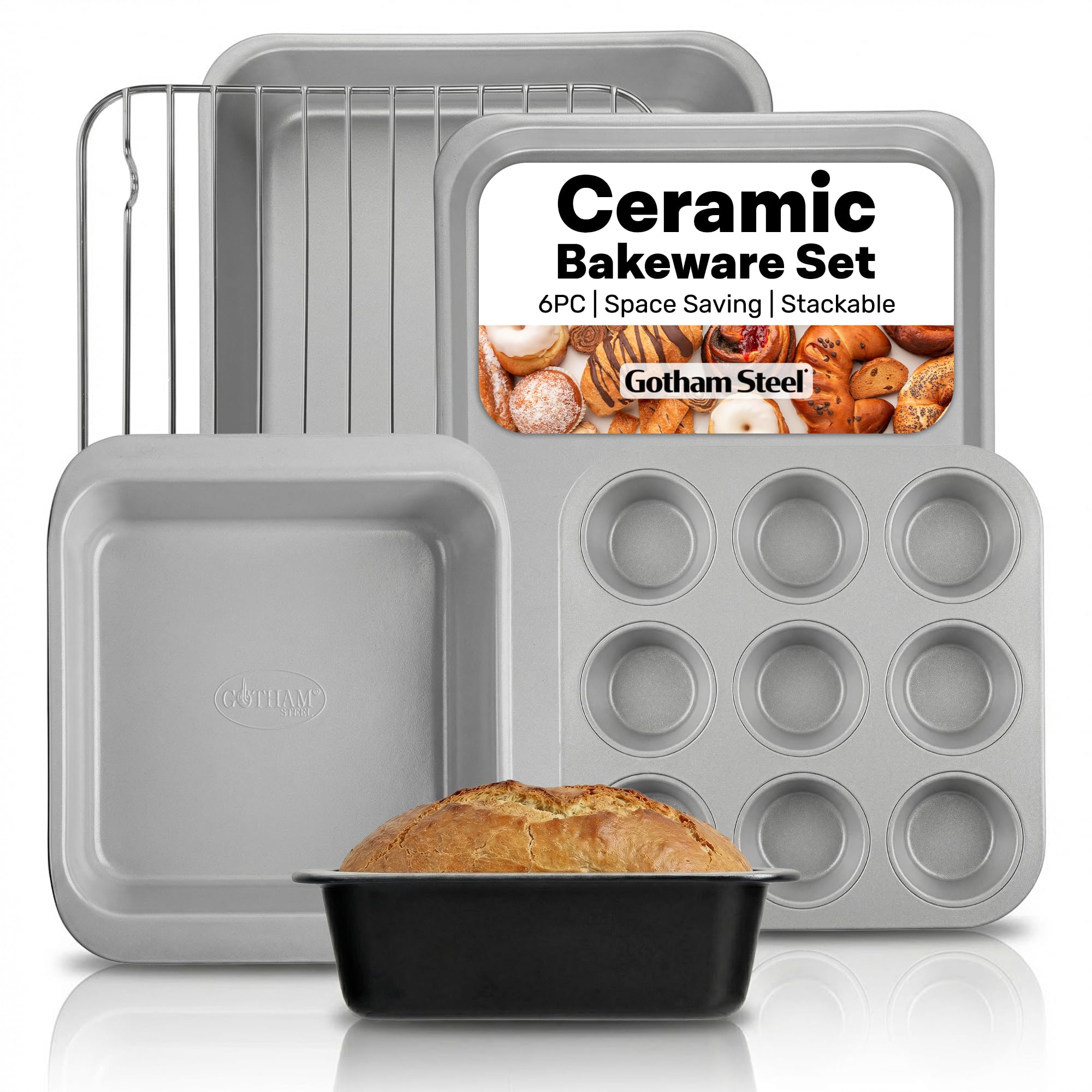 Gotham Steel 6 Pc Stackable Baking Pans Set, 70% Space Saving Design, Ceramic Bakeware Sets Non Toxic Made Without PFOA PFOS, with Cookie Sheet Tray, Cake & Muffin Pans, Oven & Dishwasher Safe