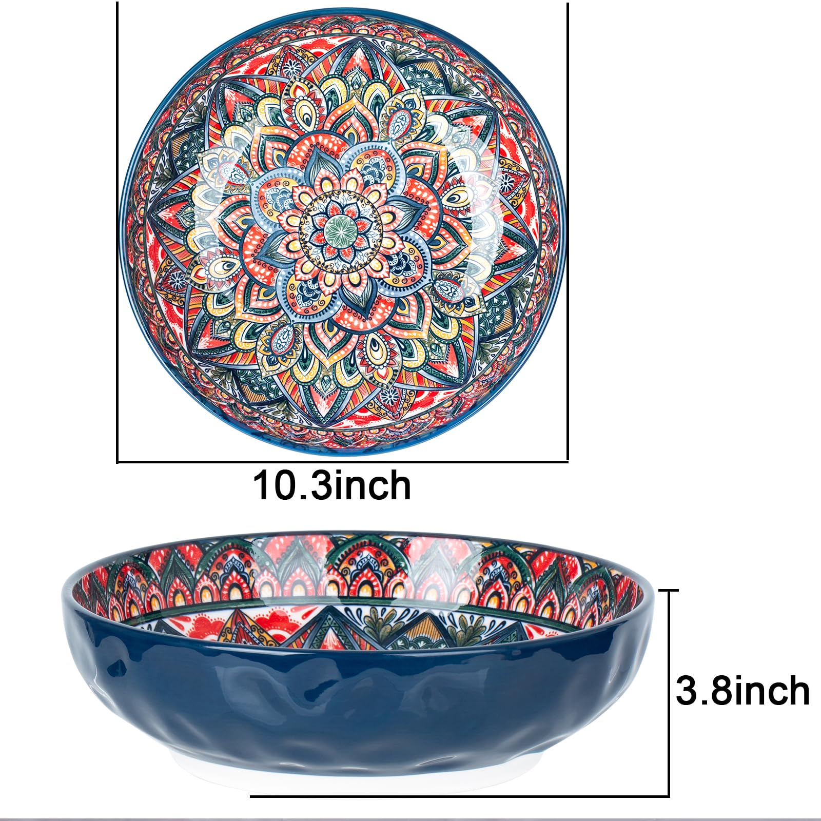 Ronanemon 75 Oz Serving Bowls,Bohemian Style Large Porcelain Dishes for Entertaining Parties,Big Bowls for Eating Soup, Salad, Pasta, Fruit, Chips, 10.3 Inch Diameter (blue)