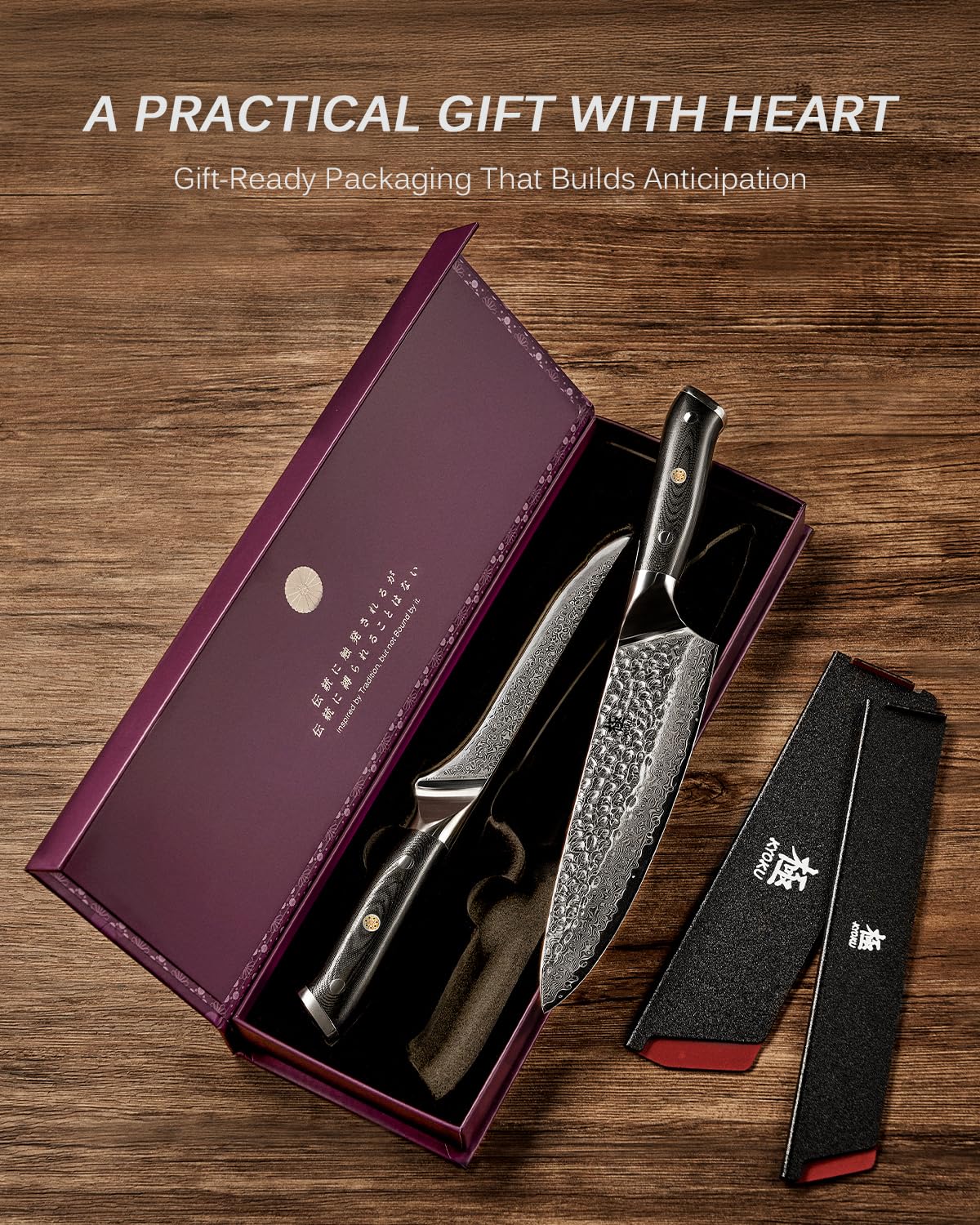 KYOKU Knife Set, Shogun Series 2pc Japanese Style Kitchen Knife Set, 7" Boning 8" Chef Knife with Sheath Gift Box, Professional Sharp Damascus Stainless Steel Knives for Meat Vegetable