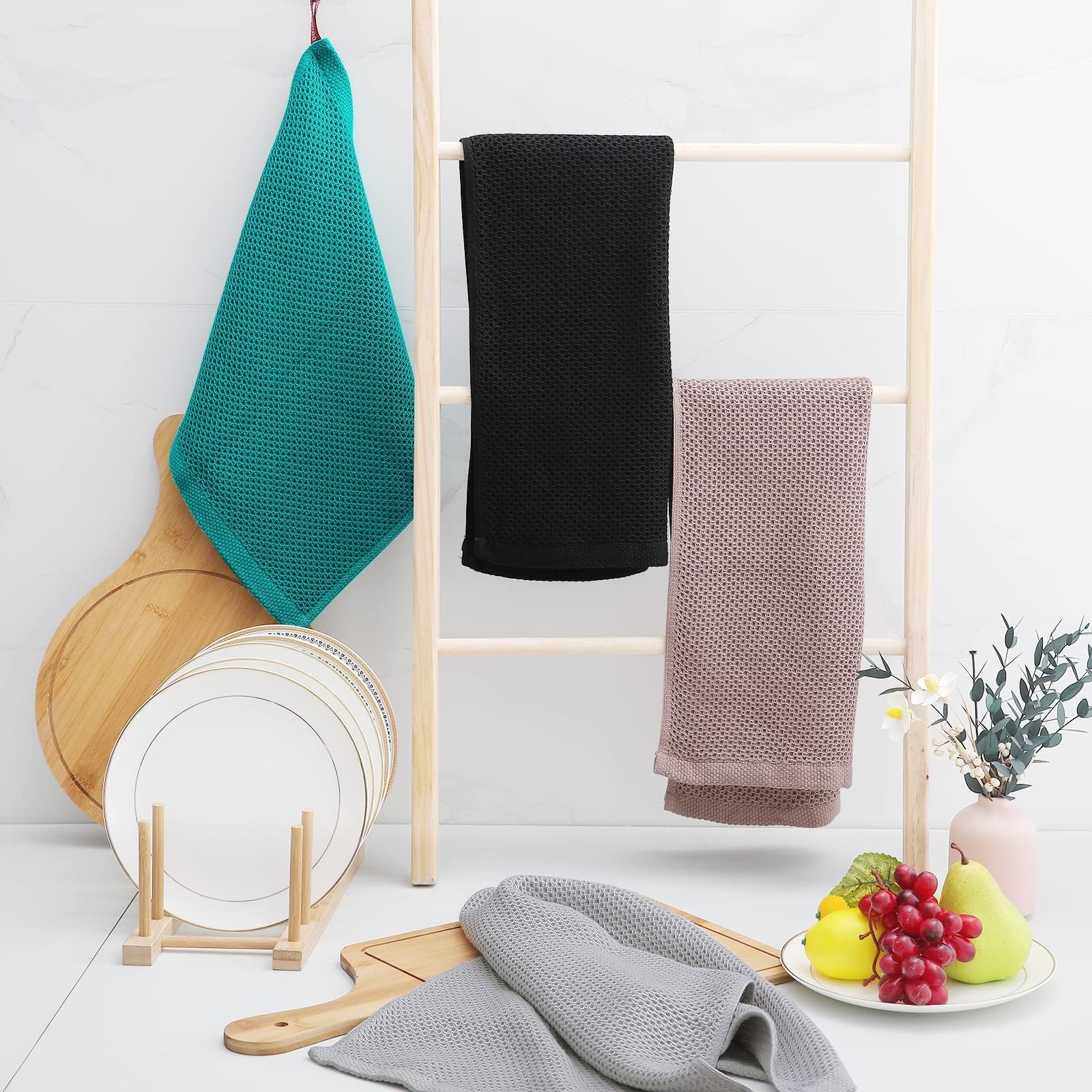 Homaxy 100% Cotton Waffle Weave Kitchen Dish Towels, Ultra Soft Absorbent Quick Drying Cleaning Towel, 13 x 28 Inches, 24-Pack, Black