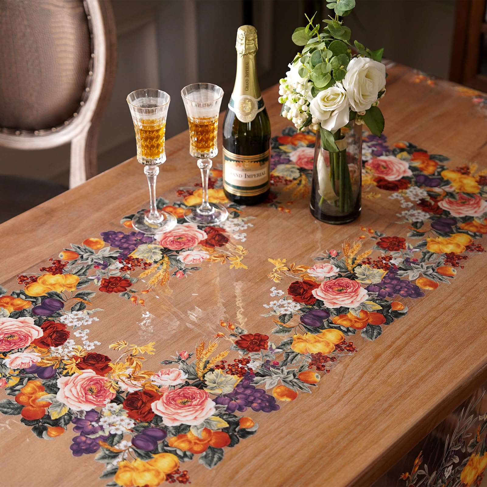 Artbloss Clear Table Cover Protector Vinyl PVC Rectangle Table Cloth Oil Spill Proof Plastic Tablecloths for Dining Tables Parties Holidays (Floral Fruit, 60 x 104 Inches)