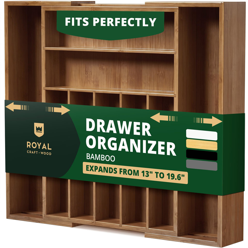 ROYAL CRAFT WOOD Luxury Bamboo Kitchen Drawer Organizer - Silverware Organizer - Utensil Holder and Cutlery Tray with Grooved Drawer Dividers for Flatware and Kitchen Utensils (7 Slot, Gray)