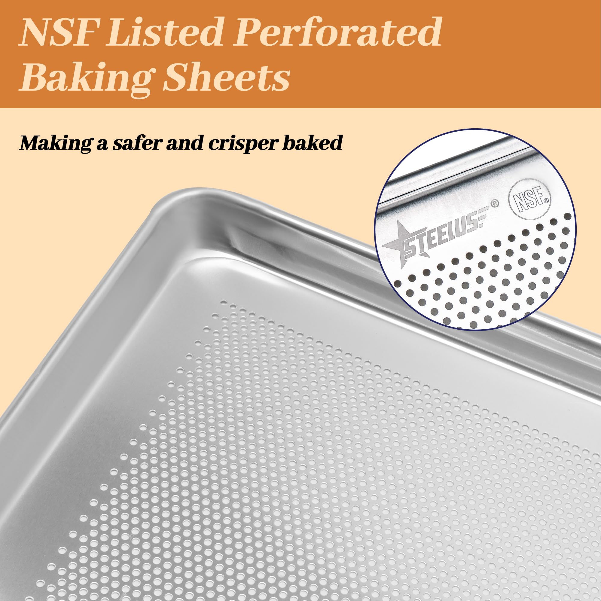 STEELUS 6 Pack Perforated Full Size Aluminum Baking Sheet Pans, 26"x18"