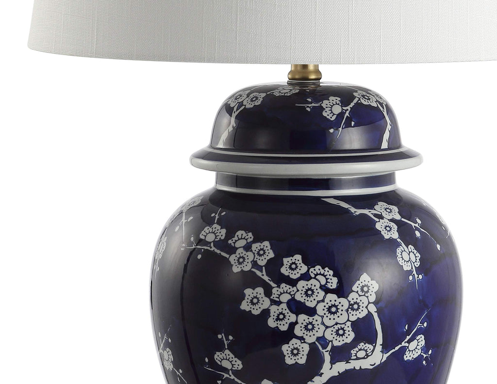 JONATHAN Y 29.5" White/Navy Blue Traditional Ceramic Ginger Jar Table Lamp for Living Room, Chinoiserie Asian Bedside Lamp with White Linen Shade and LED Bulb Included JYL3047A