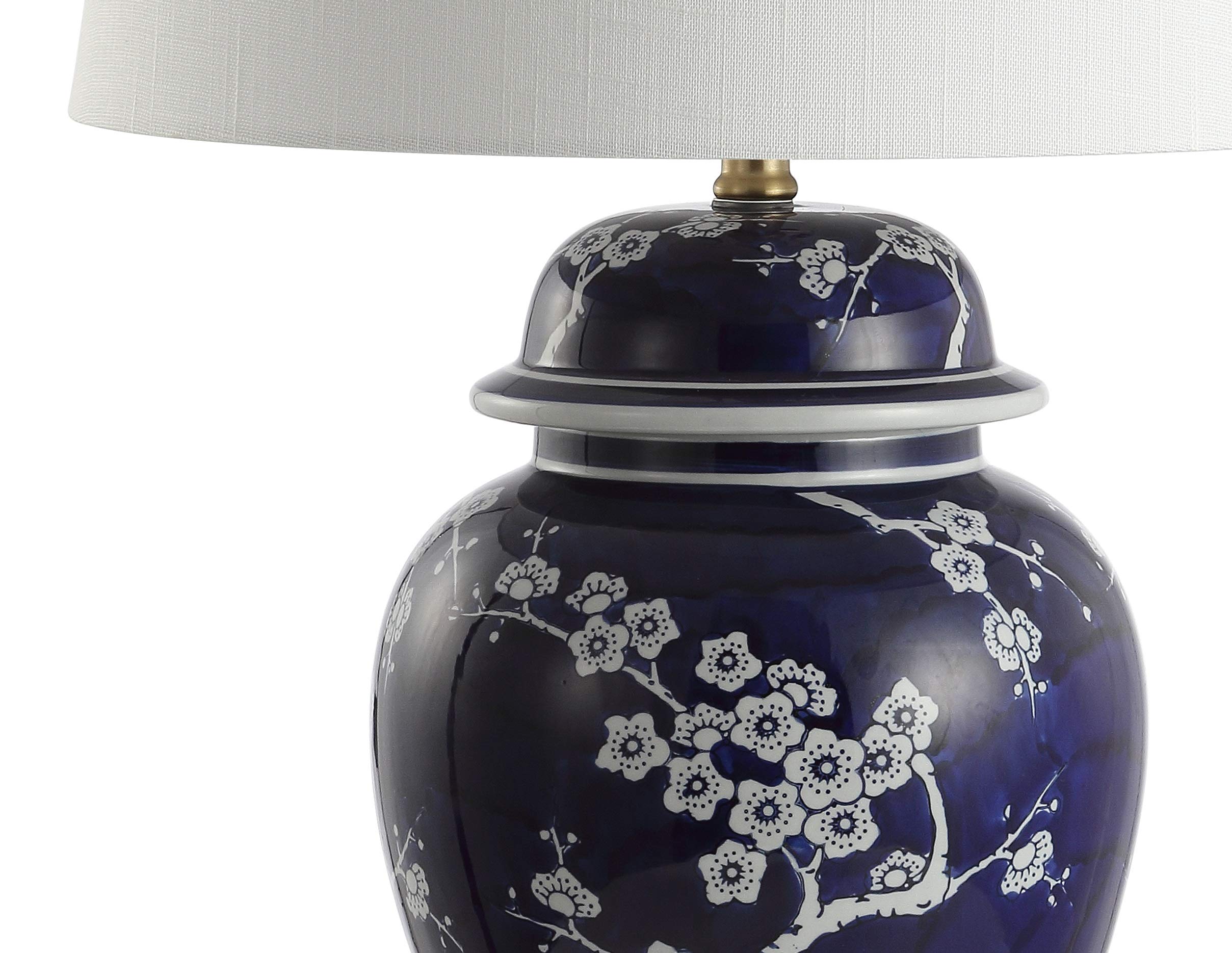 JONATHAN Y 29.5" White/Navy Blue Traditional Ceramic Ginger Jar Table Lamp for Living Room, Chinoiserie Asian Bedside Lamp with White Linen Shade and LED Bulb Included JYL3047A