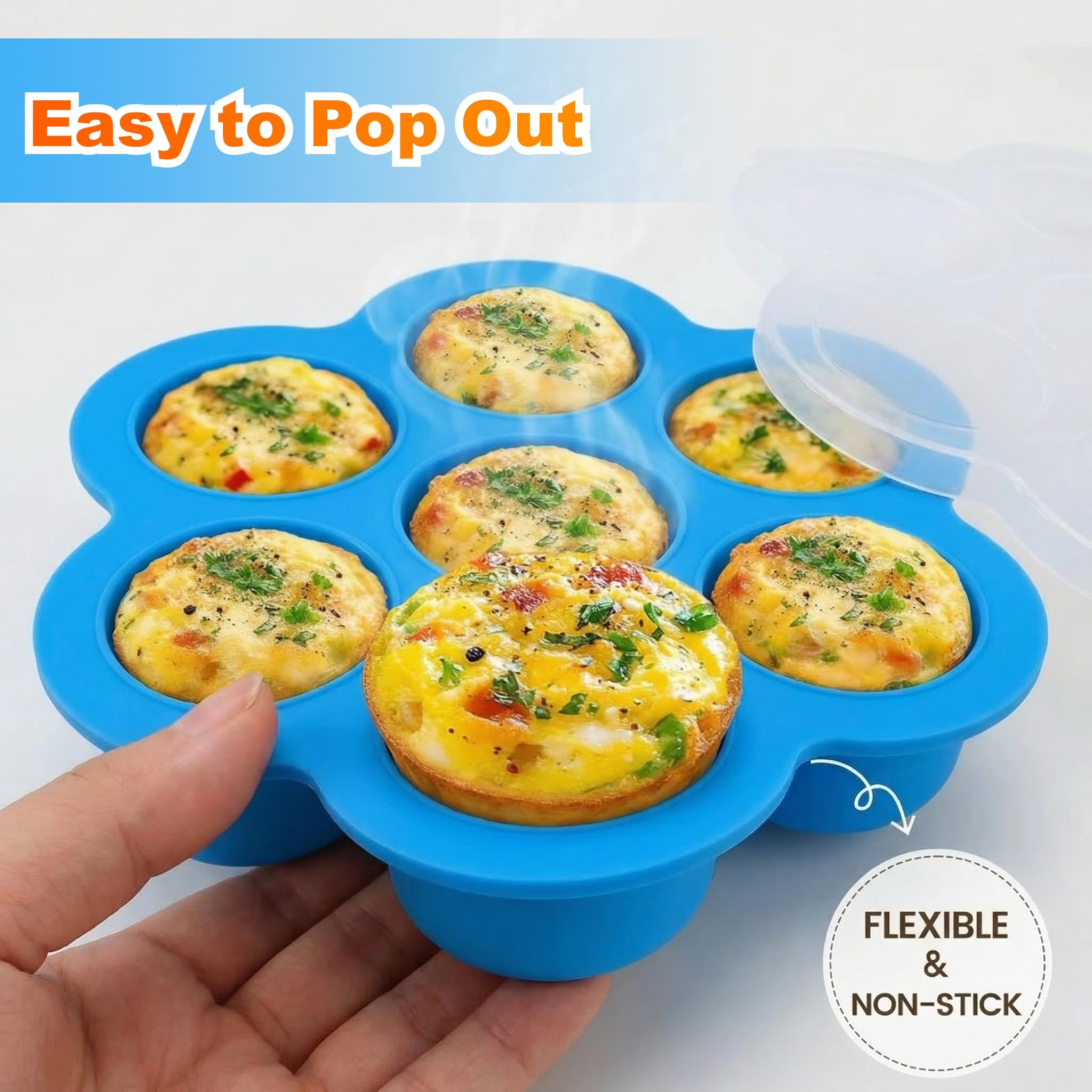 GOKCEN's Silicone Egg Bite Molds [2 Pack] Total 14 Cups Silicone Muffin Pans for Baking - Food Freezer Tray with Lid - Reusable Storage Container (Blue & Green - Egg Bite Mold)