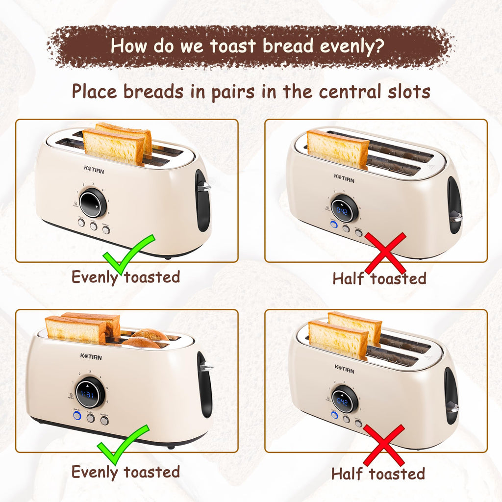 Toaster 4 Slice, KOTlAN Retro Long Slot Toasters with CountdownTimer,Stainless Steel Toaster,Bagel,Defrost,Reheat,Cancel Functions,Extra Wide Slots,6 Toast Settings,Removable Crumbs Tray,White