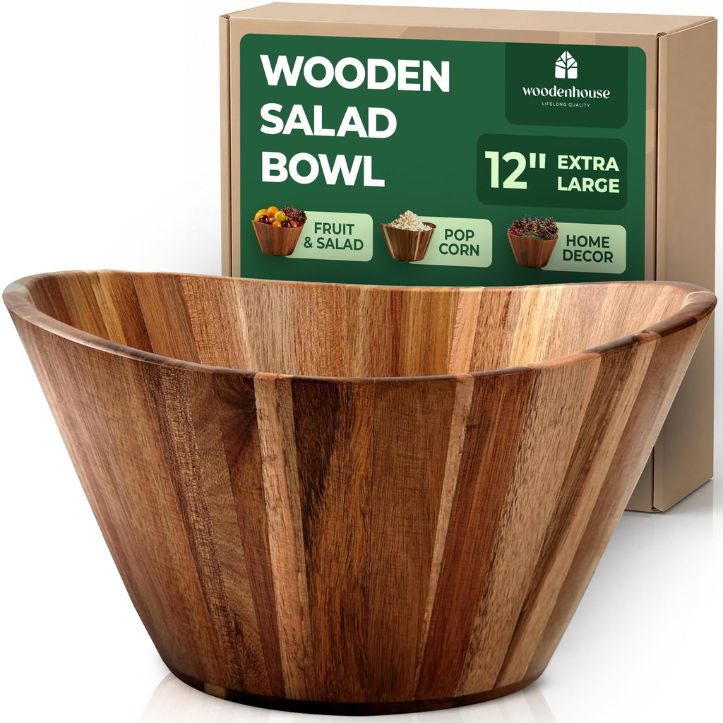 Wooden Salad Bowl Set of 3, Round 12" 10" 8" Wood Bowls for Serving Food