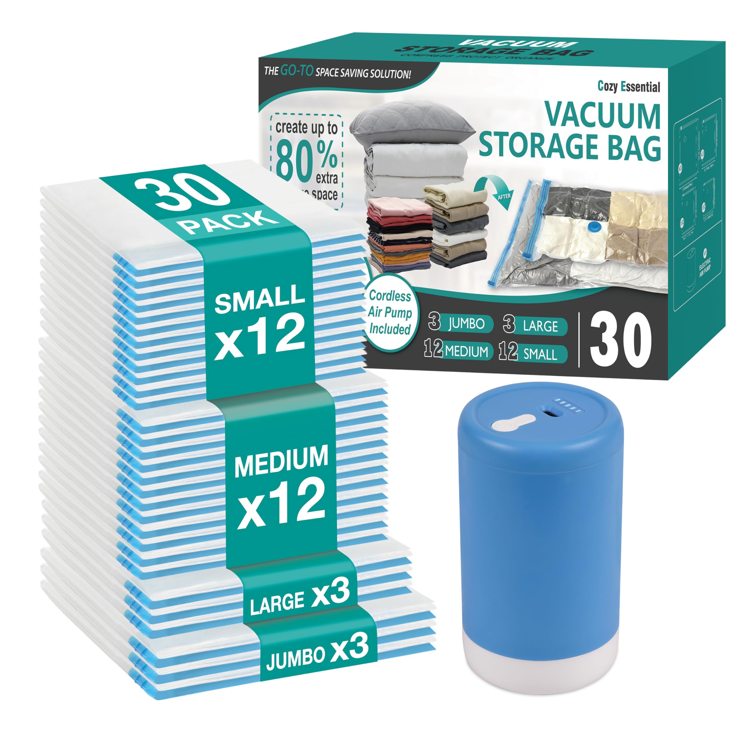 Cozy Essential Travel Vacuum Storage Bags with Rechargeable Cordless USB Pump, Space Saver Bags for Luggage, Suitcase, Carry-On, for Clothes, Blankets, Bedding & Seasonal Storage,30 Combo