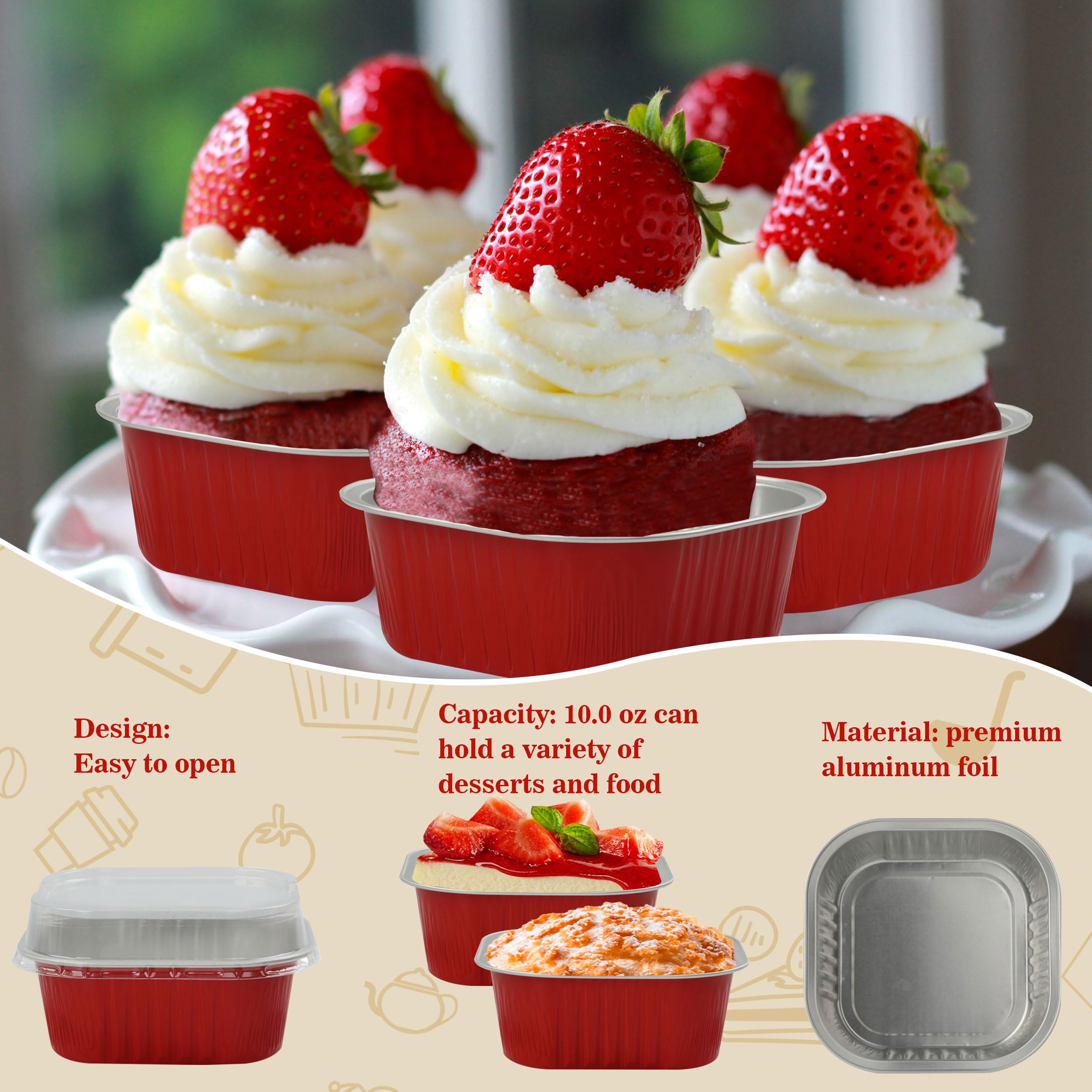 BAKINGPAK Baking Cups With Lids, 30PCS 10oz Square Mini Cake Pans With Lids Disposable Cupcake Containers Individual Cake Pans with Lids Mini Aluminum Pans with Lids for Christmas Party Birthday, Red