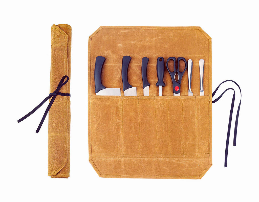 Chef's Knife Bag With 5 Slots, Wax Canvas Knife roll with Professional Anti Cutting Fabric Inside (Blue)