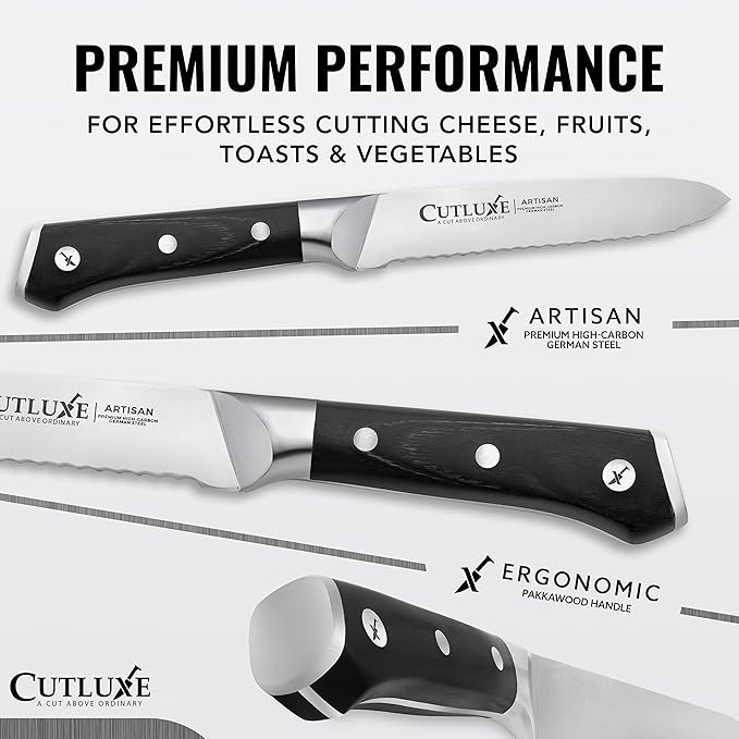 Cutluxe Serrated Tomato Knife – 5" Kitchen Utility Knife for Vegetables, Fruit & Bread – Razor Sharp Forged High Carbon German Steel, Full Tang, Ergonomic Pakkawood Handle – Artisan Series