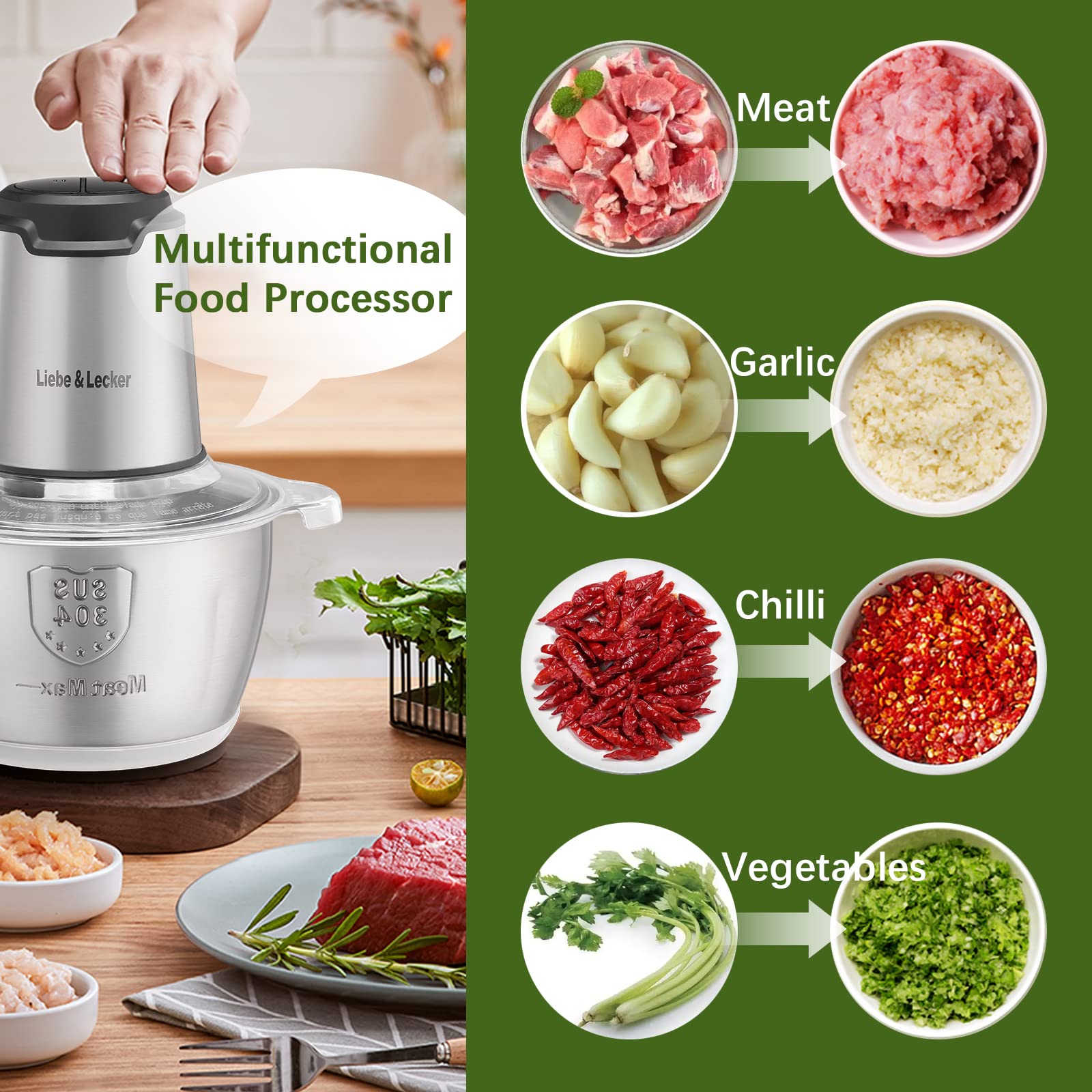 Liebe&Lecker Electric Food Chopper, 350W Food Processor with 8-Cup Bowl