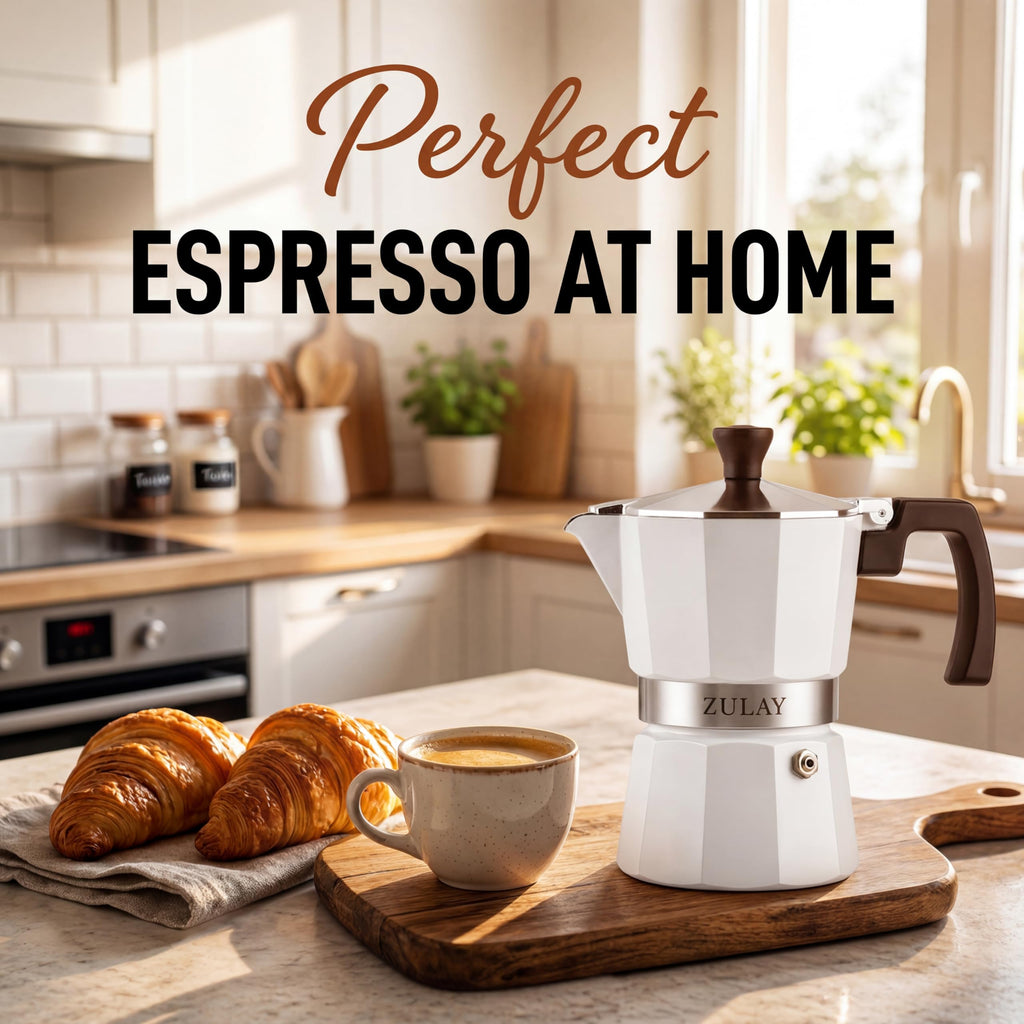 Zulay Moka Pot Espresso Stovetop Coffee Maker - Leak-Proof, Stainless Steel, Easy to Clean, Heat Resistant Handle & Knob - for Authentic Cuban & Italian Style Espresso - Makes 3 Espresso Cups - White