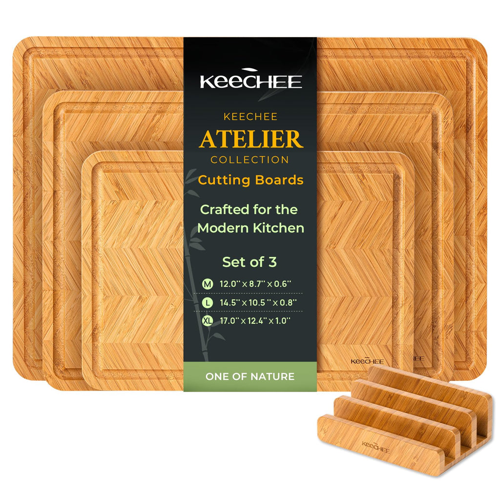 Keechee Atelier Collection Bamboo Cutting Board, Reversible Wood Chopping Boards for Kitchen with Juice Grooves, Handcrafted Large Serving Tray, Luxury Housewarming Wedding Gifts for New Home