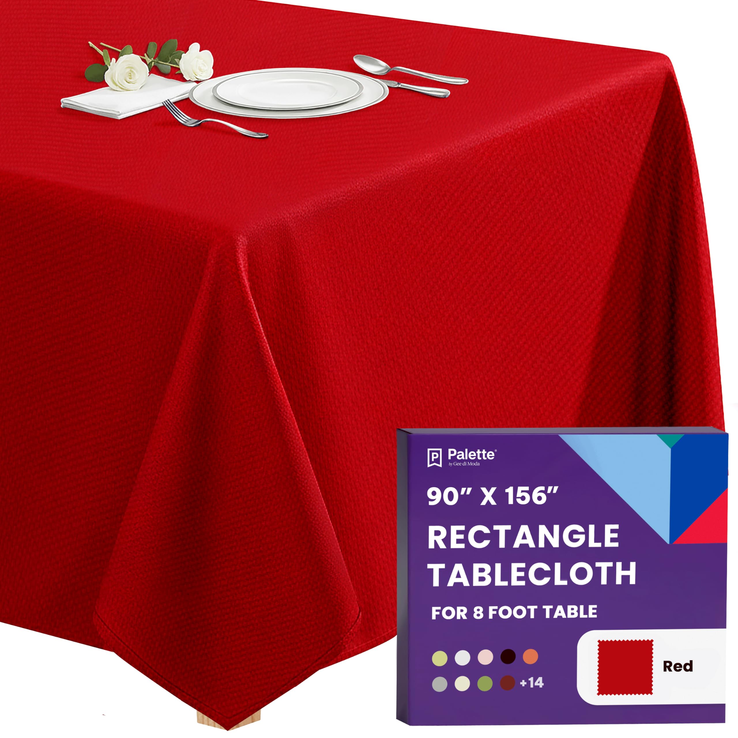 Gee Di Moda Rectangle Tablecloth - 90 x 156 Inch Red Table Cloth for 8 Foot Tables with Floor-Length Drop - Heavy Duty Washable Fabric for Holiday Party, Dinner, Weddings & Baby Shower