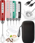 YUSWKO Rechargeable Milk Frother for Coffee, Handheld Drink Mixer with 3 Heads 3 Speeds, Ideal Electric Stirrers for Travel, 01FROTHER_RED-TRAVEL3