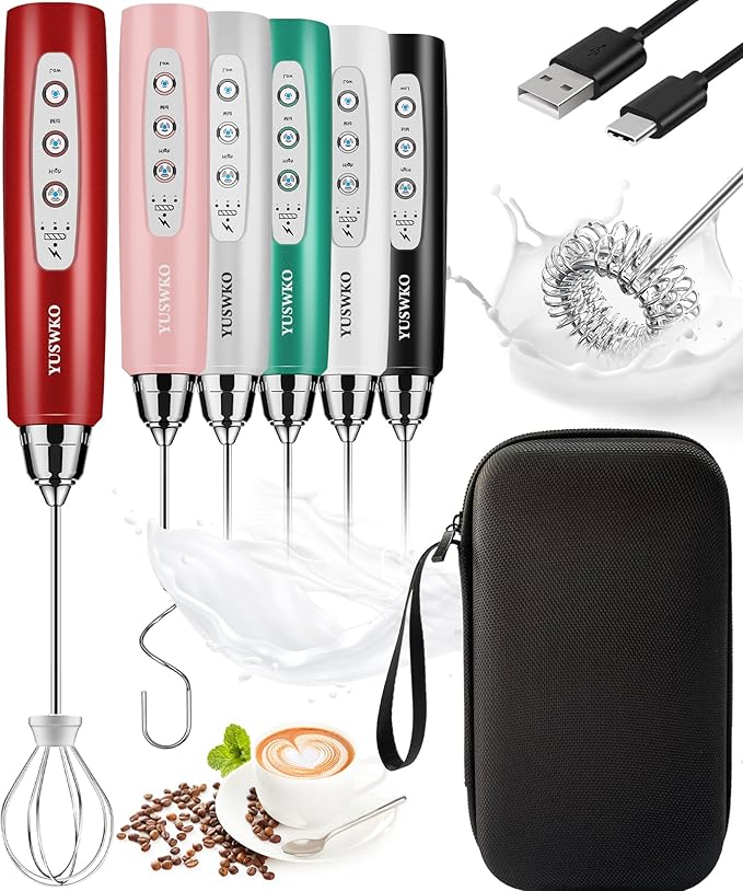 YUSWKO Rechargeable Milk Frother for Coffee, Handheld Drink Mixer with 3 Heads 3 Speeds, Ideal Electric Stirrers for Travel, 01FROTHER_RED-TRAVEL3