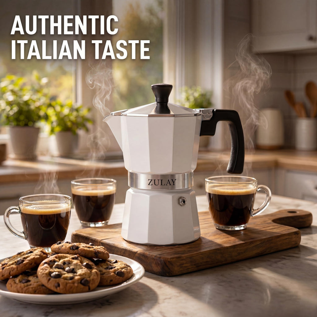 Zulay Moka Pot Espresso Stovetop Coffee Maker - Leak-Proof, Stainless Steel, Easy to Clean, Heat Resistant Handle & Knob - for Authentic Cuban & Italian Style Espresso - Makes 3 Espresso Cups - White