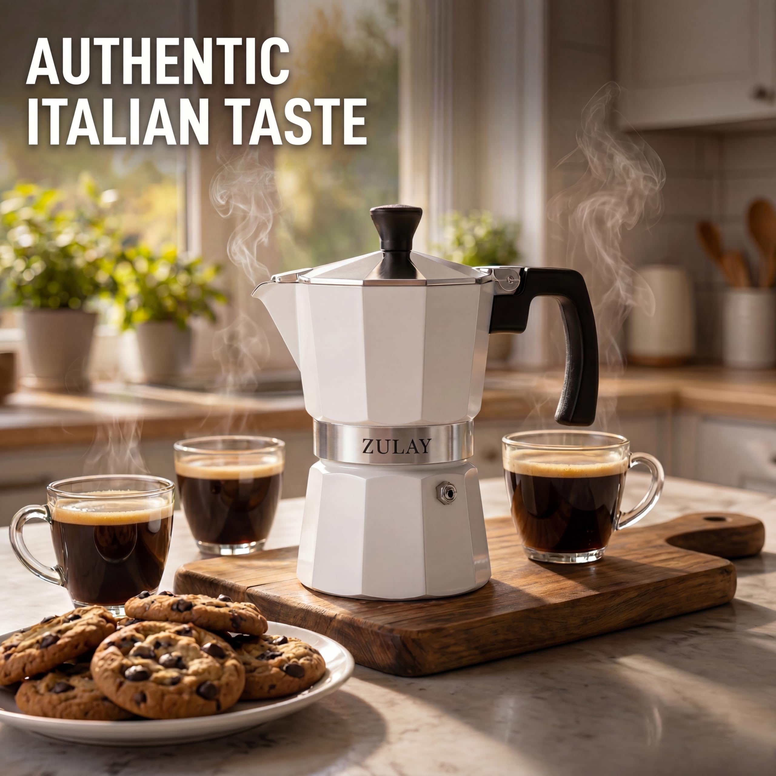 Zulay Moka Pot Espresso Stovetop Coffee Maker - Leak-Proof, Stainless Steel, Easy to Clean, Heat Resistant Handle & Knob - for Authentic Cuban & Italian Style Espresso - Makes 3 Espresso Cups - White