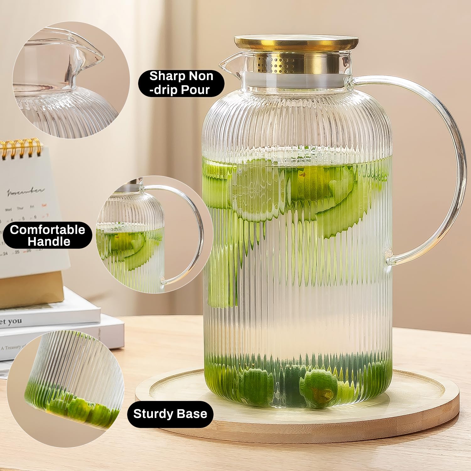 Buaic Glass Pitcher with Lid, 100 oz/ 3L Glass Water Pitcher