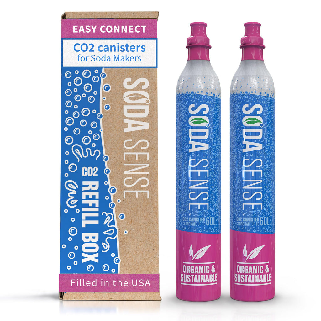 Soda Sense CO2 Cartridges - 2PK Easy Connect 60L CO2 Cylinders, Set of 2 Pre Filled CO2 Tank Gas Refills - Compatible with SodaStream CO2 Quick Connect Pink Snap-On Soda Streaming Machine
