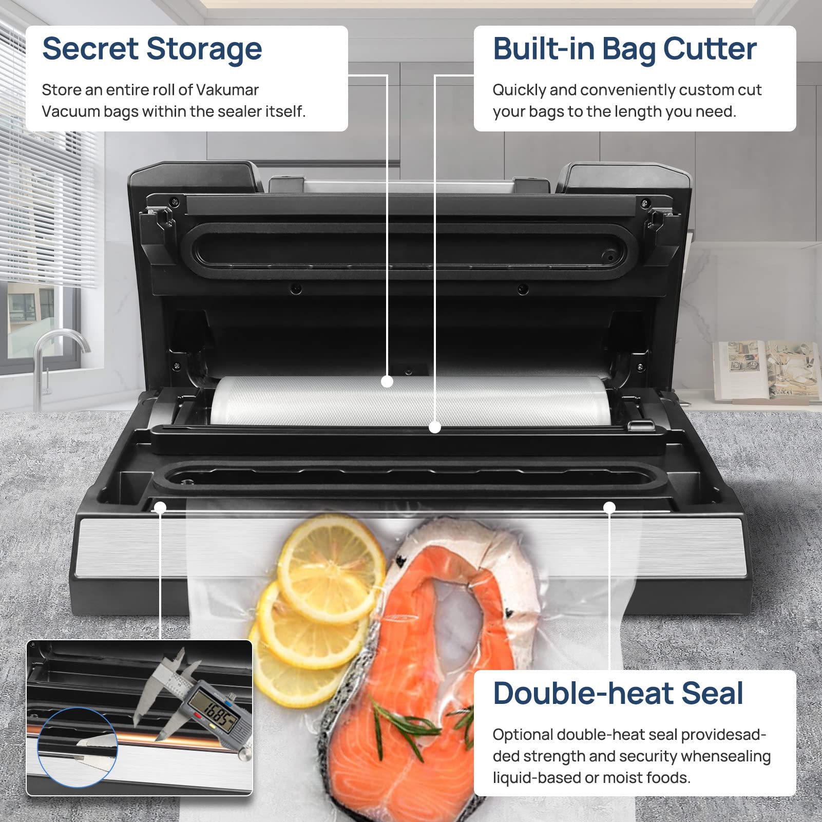 Vakumar Vacuum Sealer Machine, 90Kpa Liquid Food Vacuum Sealer Machine Preservation Dry/Moist/Liquid Modes, LED Indicator Light, Handle Locked Design, Built-in Cutter and Bag Storage, Starter Kit